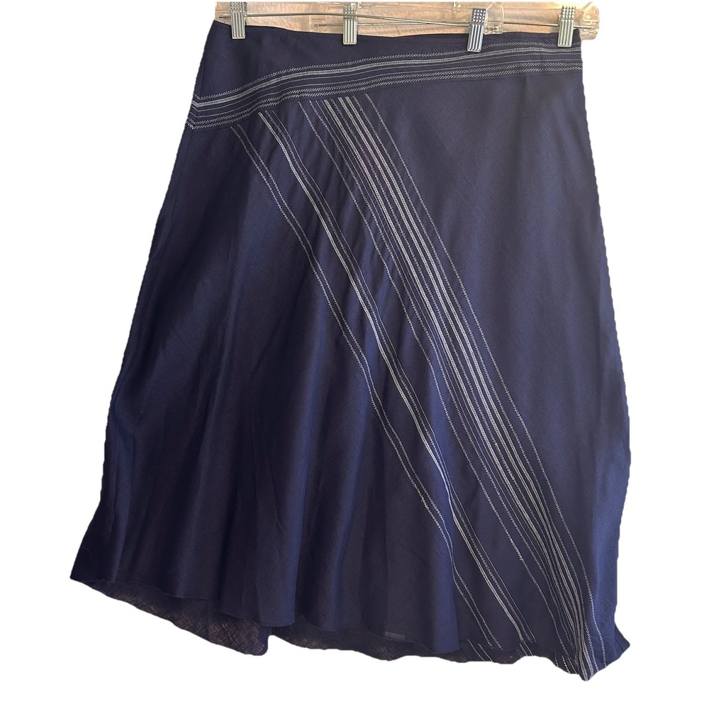 Eileen Fisher Skirt L Navy A Line Irish Linen White Embroidery Side Zip Flow EUC